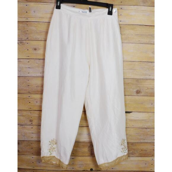 Women Outfit Sleeveless Top Pants 10 Cream White Embroidered Flowers Silk - Picture 6 of 14